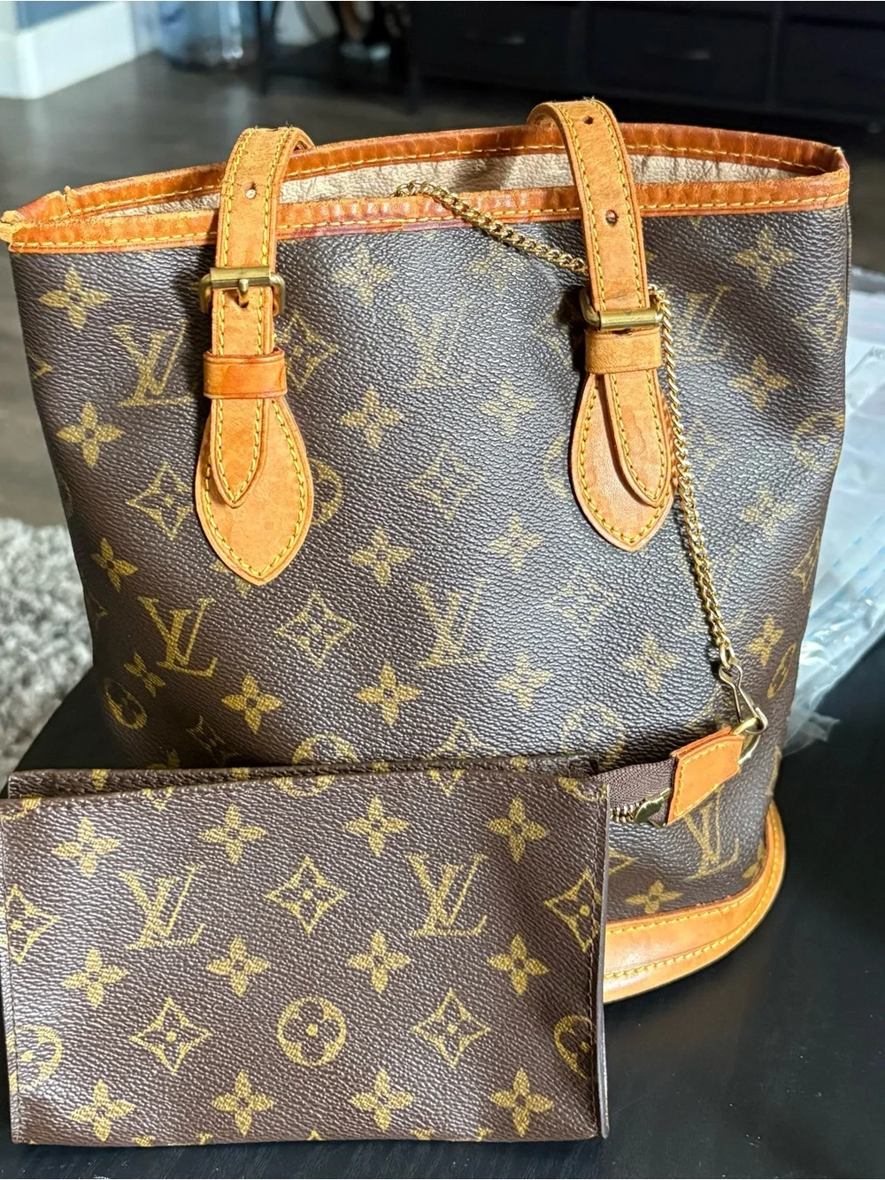 Louis Vuitton Monogram Canvas Tote with Vachetta Trim and Pouch